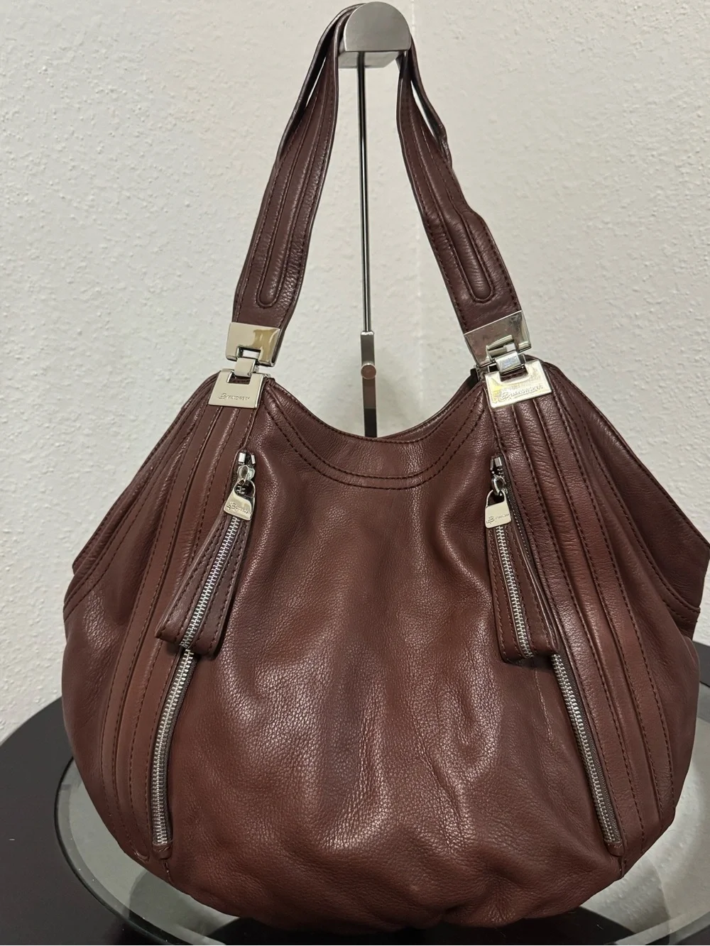 b. makowsky Chocolate Brown Pebbled Leather Hobo